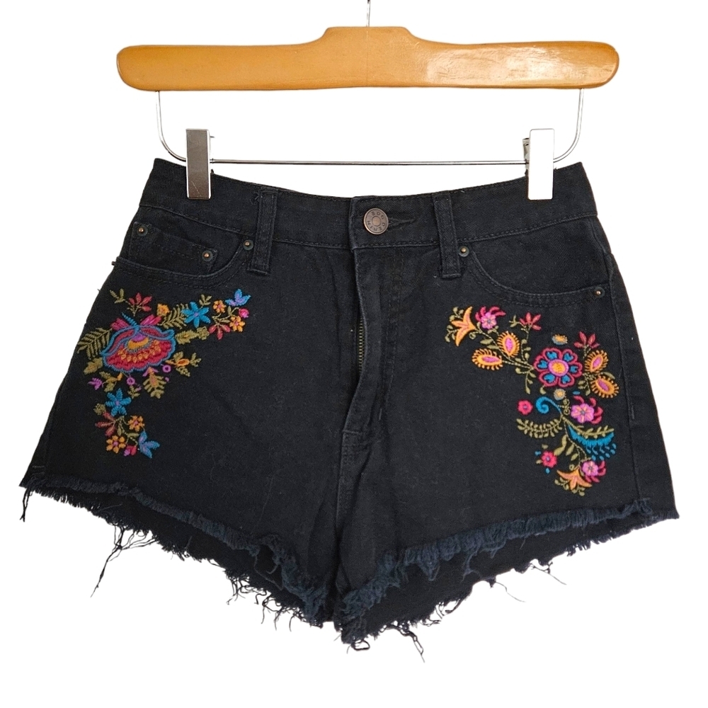 BDG Dree Cheeky Jean Short‎ Charcoal Wash Embroidered Floral Jean Shorts